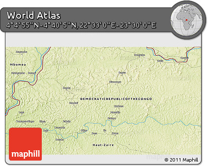 Physical 3D Map of the Area around 4° 22' 30" N, 23° 1' 29" E