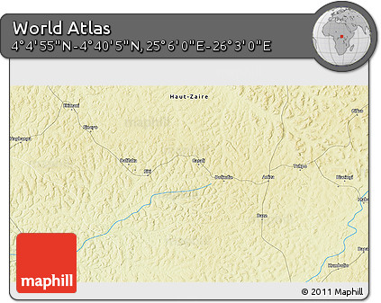 Physical 3D Map of the Area around 4° 22' 30" N, 25° 34' 30" E