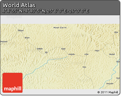 Physical 3D Map of the Area around 4° 22' 30" N, 25° 34' 30" E