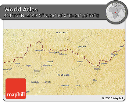 Physical 3D Map of the Area around 4° 22' 30" N, 28° 58' 30" E
