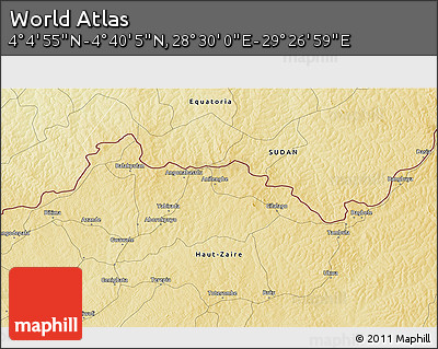 Physical 3D Map of the Area around 4° 22' 30" N, 28° 58' 30" E