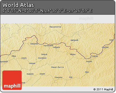 Physical 3D Map of the Area around 4° 22' 30" N, 28° 58' 30" E