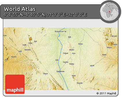Physical 3D Map of the Area around 4° 22' 30" N, 31° 31' 29" E