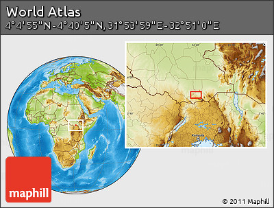 Physical Location Map of the Area around 4° 22' 30" N, 32° 22' 30" E