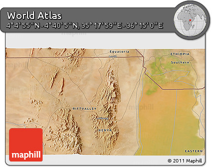 Satellite 3D Map of the Area around 4° 22' 30" N, 35° 46' 29" E