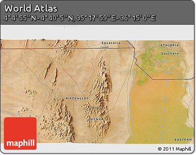 Satellite 3D Map of the Area around 4° 22' 30" N, 35° 46' 29" E