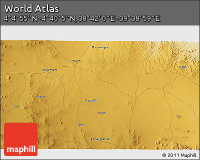 Physical 3D Map of the Area around 4° 22' 30" N, 39° 10' 29" E