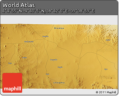 Physical 3D Map of the Area around 4° 22' 30" N, 39° 10' 29" E
