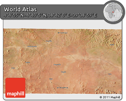 Satellite 3D Map of the Area around 4° 22' 30" N, 39° 10' 29" E