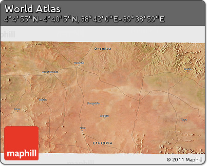 Satellite 3D Map of the Area around 4° 22' 30" N, 39° 10' 29" E