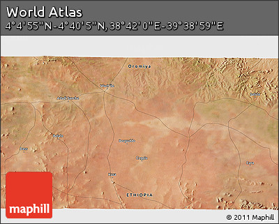 Satellite 3D Map of the Area around 4° 22' 30" N, 39° 10' 29" E