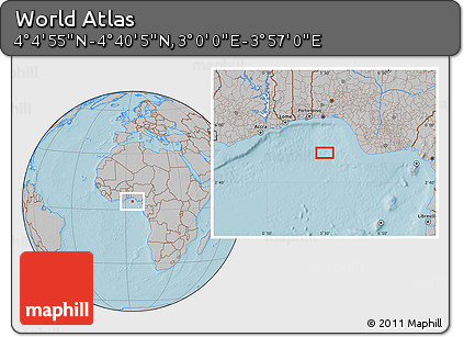 Gray Location Map of the Area around 4° 22' 30" N, 3° 28' 30" E, hill shading