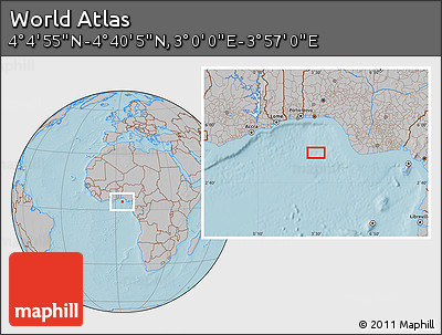 Gray Location Map of the Area around 4° 22' 30" N, 3° 28' 30" E, hill shading