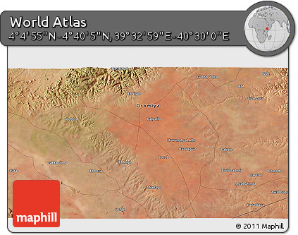 Satellite 3D Map of the Area around 4° 22' 30" N, 40° 1' 29" E