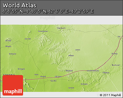 Physical 3D Map of the Area around 4° 22' 30" N, 42° 34' 30" E