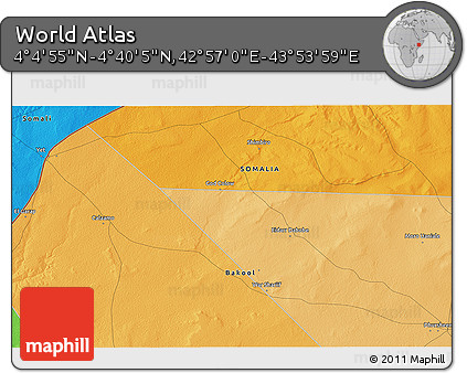 Political 3D Map of the Area around 4° 22' 30" N, 43° 25' 29" E