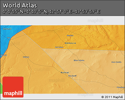 Political 3D Map of the Area around 4° 22' 30" N, 43° 25' 29" E