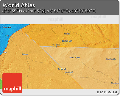 Political 3D Map of the Area around 4° 22' 30" N, 43° 25' 29" E