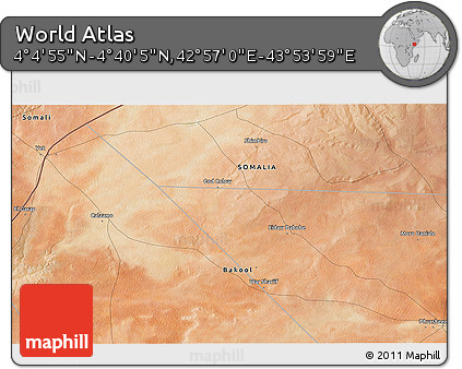 Satellite 3D Map of the Area around 4° 22' 30" N, 43° 25' 29" E