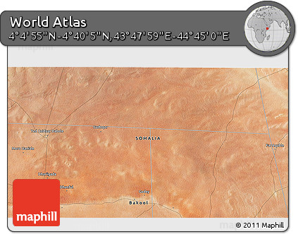 Satellite 3D Map of the Area around 4° 22' 30" N, 44° 16' 29" E