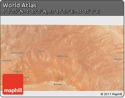 Satellite 3D Map of the Area around 4° 22' 30" N, 44° 16' 29" E