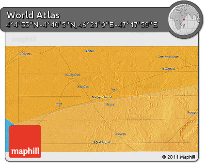 Political 3D Map of the Area around 4° 22' 30" N, 46° 49' 30" E