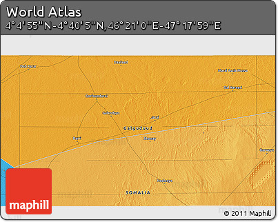 Political 3D Map of the Area around 4° 22' 30" N, 46° 49' 30" E