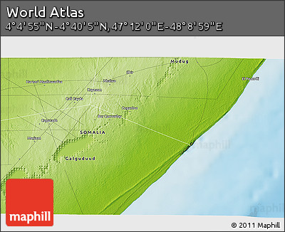 Physical 3D Map of the Area around 4° 22' 30" N, 47° 40' 29" E