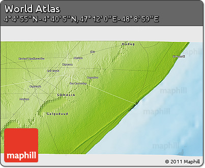 Physical 3D Map of the Area around 4° 22' 30" N, 47° 40' 29" E