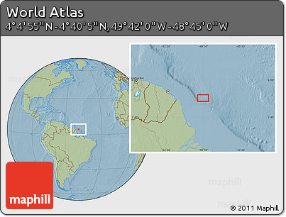 Savanna Style Location Map of the Area around 4° 22' 30" N, 49° 13' 30" W, hill shading