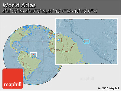 Savanna Style Location Map of the Area around 4° 22' 30" N, 49° 13' 30" W, hill shading
