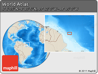 Shaded Relief Location Map of the Area around 4° 22' 30" N, 49° 13' 30" W