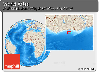 Shaded Relief Location Map of the Area around 4° 22' 30" N, 4° 10' 30" W