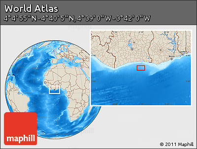 Shaded Relief Location Map of the Area around 4° 22' 30" N, 4° 10' 30" W