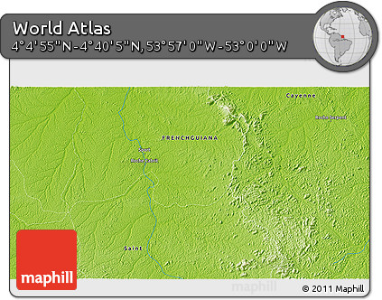 Physical 3D Map of the Area around 4° 22' 30" N, 53° 28' 30" W