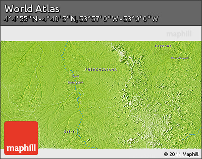Physical 3D Map of the Area around 4° 22' 30" N, 53° 28' 30" W