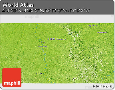 Physical 3D Map of the Area around 4° 22' 30" N, 53° 28' 30" W