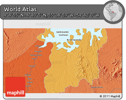 Political 3D Map of the Area around 4° 22' 30" N, 55° 10' 29" W