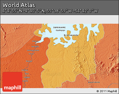 Political 3D Map of the Area around 4° 22' 30" N, 55° 10' 29" W