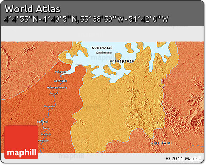 Political 3D Map of the Area around 4° 22' 30" N, 55° 10' 29" W