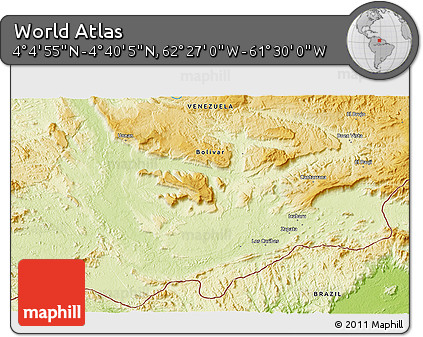 Physical 3D Map of the Area around 4° 22' 30" N, 61° 58' 30" W