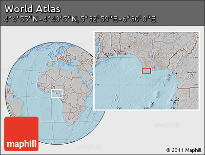 Gray Location Map of the Area around 4° 22' 30" N, 6° 1' 30" E, hill shading