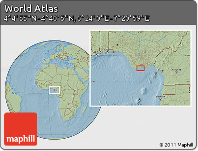 Savanna Style Location Map of the Area around 4° 22' 30" N, 6° 52' 30" E, hill shading