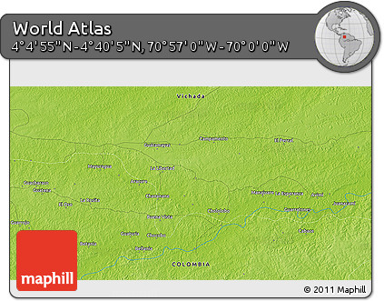 Physical 3D Map of the Area around 4° 22' 30" N, 70° 28' 29" W