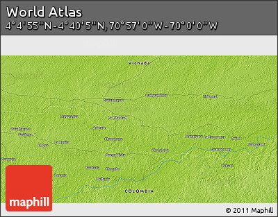 Physical 3D Map of the Area around 4° 22' 30" N, 70° 28' 29" W