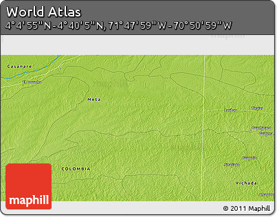 Physical 3D Map of the Area around 4° 22' 30" N, 71° 19' 29" W