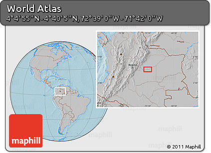 Gray Location Map of the Area around 4° 22' 30" N, 72° 10' 30" W, hill shading