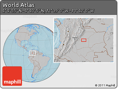 Gray Location Map of the Area around 4° 22' 30" N, 72° 10' 30" W, hill shading