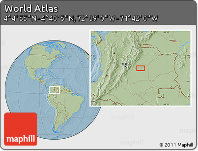 Savanna Style Location Map of the Area around 4° 22' 30" N, 72° 10' 30" W, hill shading
