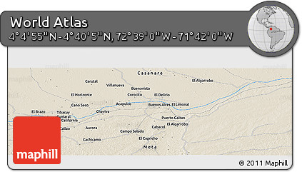 Shaded Relief Panoramic Map of the Area around 4° 22' 30" N, 72° 10' 30" W